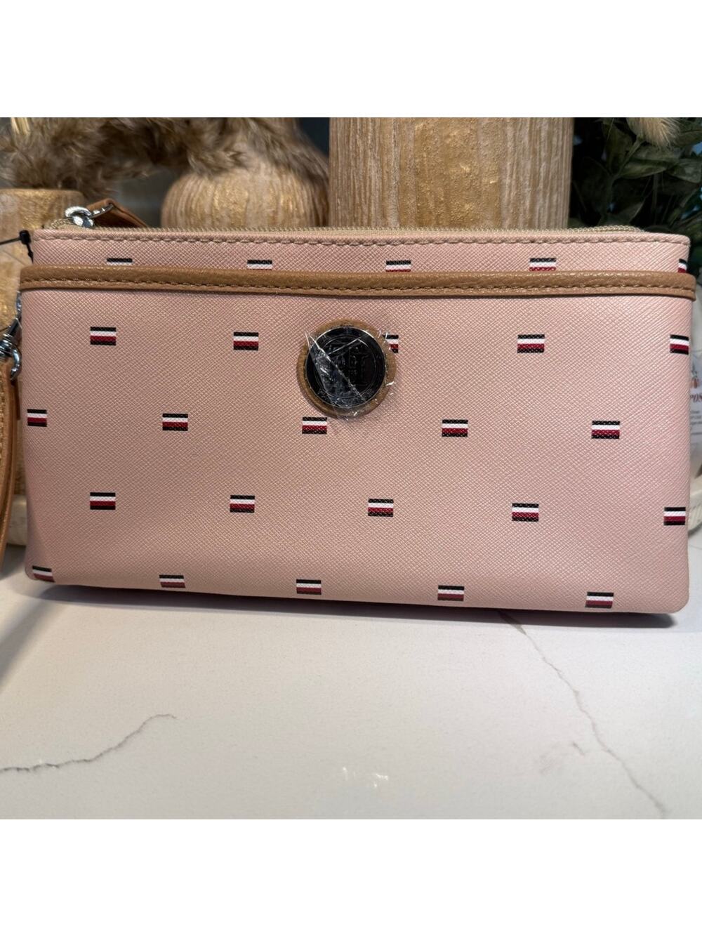 Tommy Hilfiger Pink Monogram Triple Compartment Wristlet Pouch NWT